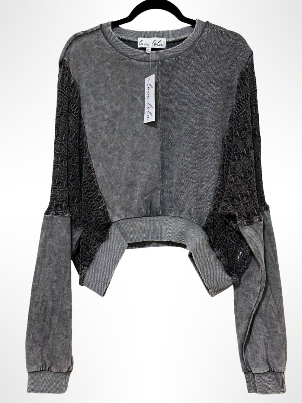 LOVE LOLA Mineral Wash Eyelet Knit Pullover Gray Size M NWT